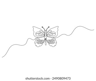 Continuous one line drawing of butterfly flying. One line drawing illustration of beautiful buterfly. Flying insect animal concept line art. Editable outline.
