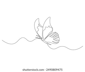 Continuous one line drawing of butterfly flying. One line drawing illustration of beautiful buterfly. Flying insect animal concept line art. Editable outline.
