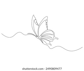 Continuous one line drawing of butterfly flying. One line drawing illustration of beautiful buterfly. Flying insect animal concept line art. Editable outline.
