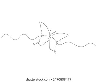 Continuous one line drawing of butterfly flying. One line drawing illustration of beautiful buterfly. Flying insect animal concept line art. Editable outline.
