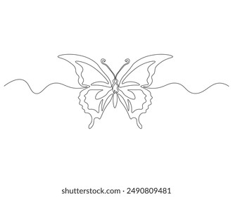 Continuous one line drawing of butterfly flying. One line drawing illustration of beautiful buterfly. Flying insect animal concept line art. Editable outline.
