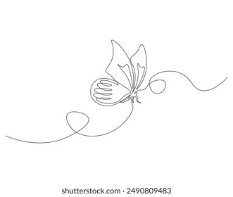 Continuous one line drawing of butterfly flying. One line drawing illustration of beautiful buterfly. Flying insect animal concept line art. Editable outline.
