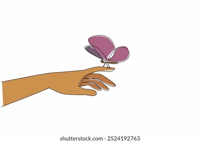 Continuous one line drawing butterfly perched on index finger. Hands of tenderness that can care for hope. Best future of humanity. Zero Discrimination Day. Single line draw design vector illustration