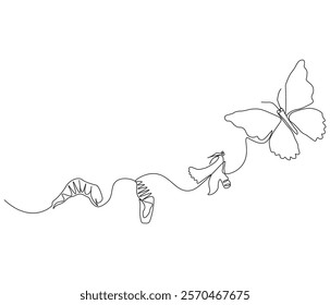 Continuous one line drawing of butterfly life cycle . Single line drawing illustration of perfect metamorphosis . Butterfly transformation concept vector art. Doodle line illustration.

