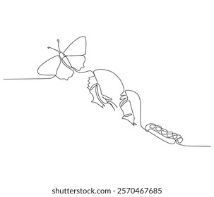 Continuous one line drawing of butterfly life cycle . Single line drawing illustration of perfect metamorphosis . Butterfly transformation concept vector art. Doodle line illustration.


