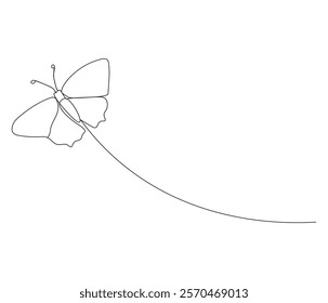 Continuous one line drawing of butterfly . Beautiful flying moth for wellbeing beauty or spa salon logo and divider concept in simple linear style . Concept vector art. Doodle line illustration.
