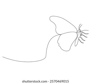 Continuous one line drawing of butterfly . Beautiful flying moth for wellbeing beauty or spa salon logo and divider concept in simple linear style . Concept vector art. Doodle line illustration.
