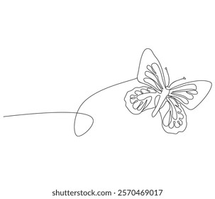 Continuous one line drawing of butterfly . Beautiful flying moth for wellbeing beauty or spa salon logo and divider concept in simple linear style . Concept vector art. Doodle line illustration.
