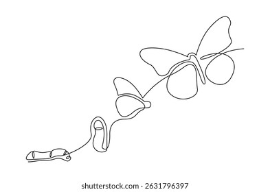 Continuous one line drawing of Butterfly life cycle. Single line drawing illustration of Growth Butterfly. Perfect metamorphosis concept vector art. Line vector illustration.