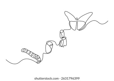 Continuous one line drawing of Butterfly life cycle. Single line drawing illustration of Growth Butterfly. Perfect metamorphosis concept vector art. Line vector illustration.