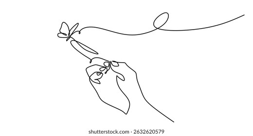 Continuous One Line Drawing Butterfly Over Index Finger. Delicate Nature Freedom. Insect Beauty.