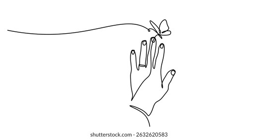 Uma Linha Contínua Desenhando Borboleta Sobre Dedo. Conexão com a Natureza Liberdade delicada. Beleza dos insetos.