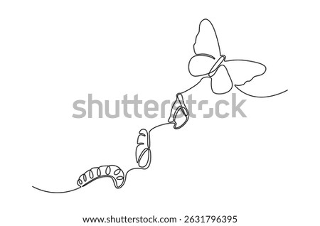 Continuous one line drawing of Butterfly life cycle. Single line drawing illustration of Growth Butterfly. Perfect metamorphosis concept vector art. Line vector illustration.