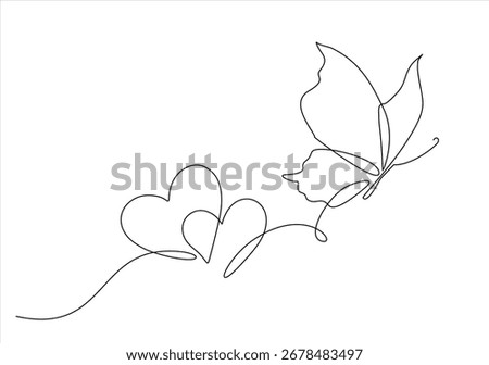 Continuous one line drawing of butterfly and hearts. Flying butterfly route with with hearts shaped. Hand drawn one line vector. Editable stroke	