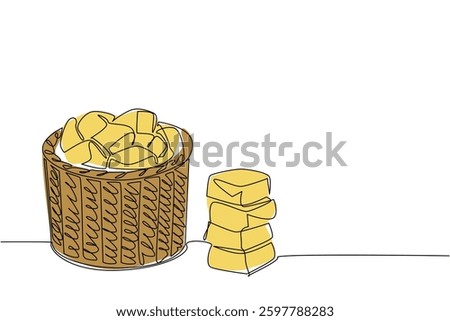 Continuous one line drawing buttermilk biscuit in rattan wicker container. Display food. Can be brought as souvenirs. National Buttermilk Biscuit Day. Single line draw design vector illustration