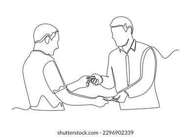 Continuous one line drawing  buyers and sellers conducting buying and selling transactions of goods. Business activity concept in market. Single line draw design vector graphic illustration.