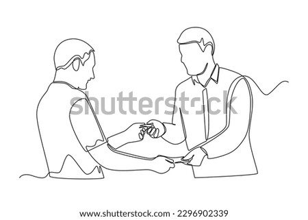 Continuous one line drawing  buyers and sellers conducting buying and selling transactions of goods. Business activity concept in market. Single line draw design vector graphic illustration.