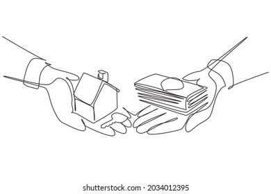 Continuous one line drawing buying house  Agent real estate holding in hand house  key  Buyer  customer gives cash money  Deal sale   purchase real  concept  Single line draw design vector