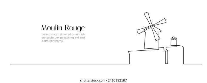 Continuous one line drawing of Cabaret Moulin Rouge. Red windmill in Paris city in simple linear style. French landmark in editable stroke. Doodle outline vector illustration
