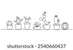 Continuous one Line Drawing of Cacti in Pots. Line Art of Cacti in Pots 