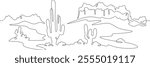 Continuous one line drawing cacti in the desert. Desert rocky landscape. Arizona. Rocks and mountains. One continuous line isolated minimal illustration.Not AI.