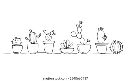 Continuous one Line Drawing of Cacti in Pots. Line Art of Cacti in Pots 