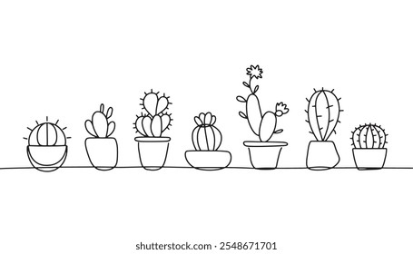 Desenho contínuo de uma linha de Cacti em vasos. Linha de arte de Cacti em panelas 