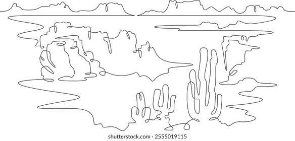 Continuous one line drawing cacti in the desert. Desert rocky landscape. Arizona. Rocks and mountains. One continuous line isolated minimal illustration.Not AI.