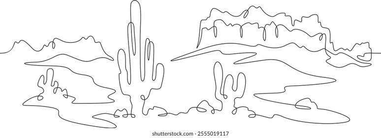 Continuous one line drawing cacti in the desert. Desert rocky landscape. Arizona. Rocks and mountains. One continuous line isolated minimal illustration.Not AI.