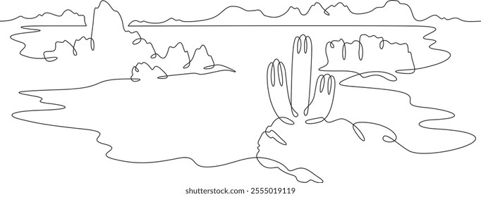 Continuous one line drawing cacti in the desert. Desert rocky landscape. Arizona. Rocks and mountains. One continuous line isolated minimal illustration.Not AI.