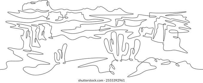 Continuous one line drawing cacti in the desert. Desert rocky landscape. Arizona. Rocks and mountains. One continuous line isolated minimal illustration.Not AI.