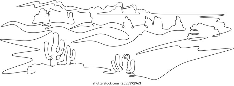 Continuous one line drawing cacti in the desert. Desert rocky landscape. Arizona. Rocks and mountains. One continuous line isolated minimal illustration.Not AI.