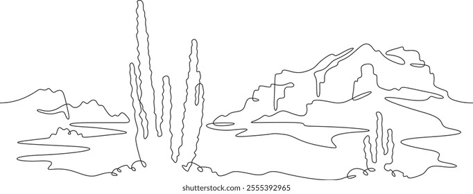 Continuous one line drawing cacti in the desert. Desert rocky landscape. Arizona. Rocks and mountains. One continuous line isolated minimal illustration.Not AI.