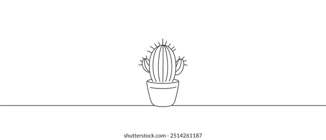 Desenho contínuo de uma linha de cactos. Cacto em casa no pote. Ilustração vetorial