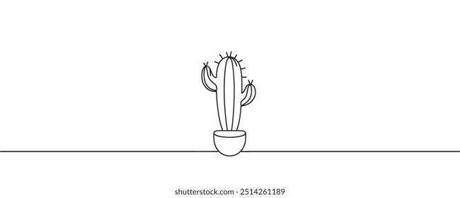 Continuous one line drawing of cactus. Home cactus in pot. Vector illustration