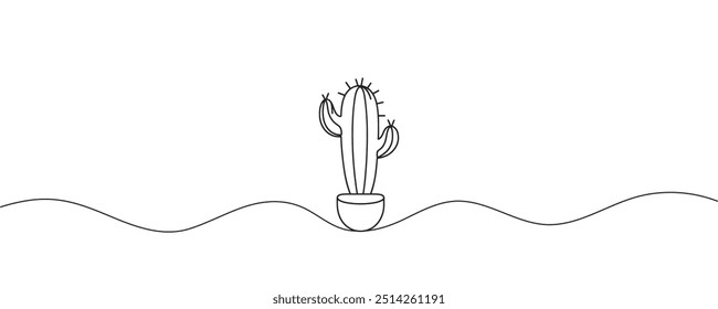 Desenho contínuo de uma linha de cactos. Cacto em casa no pote. Ilustração vetorial