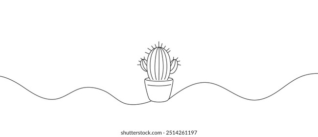Continuous one line drawing of cactus. Home cactus in pot. Vector illustration
