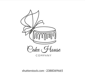 dibujo continuo de una línea de tarta con mariposa aislada en fondo blanco para logotipo o elemento decorativo. Ilustración vectorial de la forma de postre dulce en el estilo de diseño de contorno.