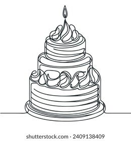 Continuous one line drawing of a cake decorated with cream. Vector graphic illustration of a single line drawing. large cake with candles in one line