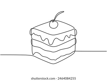 Continuous one line drawing of cake with cherry. Editable stroke. Concept for cafe, bakery, restaurant. Minimalist style vector illustration on isolated background.