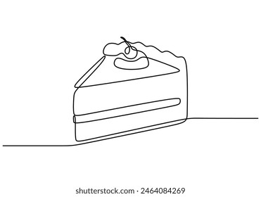 Continuous one line drawing of cake with cherry. Editable stroke. Concept for cafe, bakery, restaurant. Minimalist style vector illustration on isolated background.