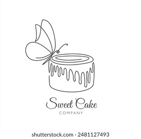 dibujo continuo de una línea de pastel con mariposa aislada sobre fondo blanco para logotipo o elemento decorativo. Ilustración vectorial de dulce forma de postre en estilo de contorno de moda.