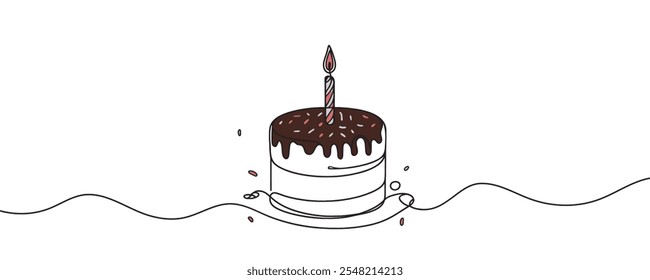 Continuous one line drawing of cake decorated with cream. Festive cake concept. One line drawing, vector graphic illustration