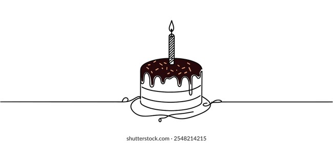 Continuous one line drawing of cake decorated with cream. Festive cake concept. One line drawing, vector graphic illustration