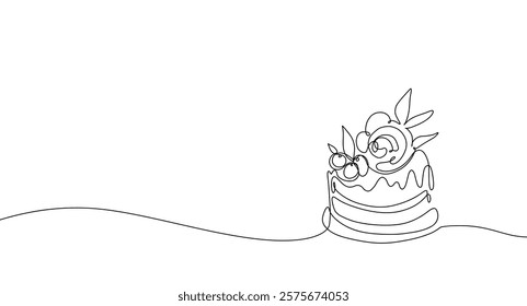 Continuous one line drawing cake decorated with cream. Sweet layered pastry with cream flower and berries, monoline gourmet dessert. Bakery food vector concept.