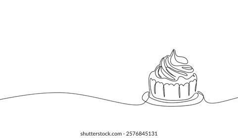 Continuous one line drawing cake. Minimalist sweet bakery dessert with cream, hand drawn pastry, pudding outline logo for menu design. Vector food concept.