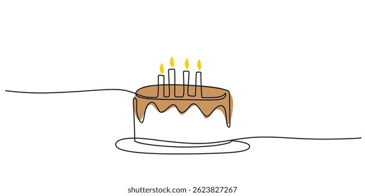 Continuous One Line Drawing Cake Candle Symbol. Minimalist birthday party celebration dessert event vector icon illustration art.
