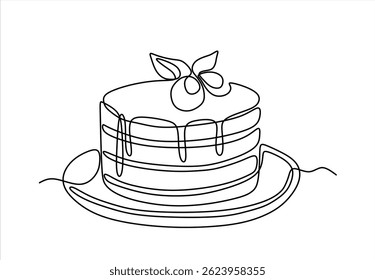 Continuous one line drawing of cake with strawberries. Hand drawn piece of cake minimalist design, café, bakery, confectionery concept. Vector. Editable stroke.