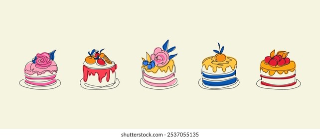 Dibujo continuo de una línea de pasteles con arándanos, flores, hojas, fresa. Postres dulces de panadería con bayas, concepto de pastelería de contorno mínimo. Conjunto de Vector.