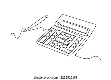 Continuous one line drawing calculator with pen. Budget planning concept. Single line draw design vector graphic illustration. - Shutterstock ID 2252525199